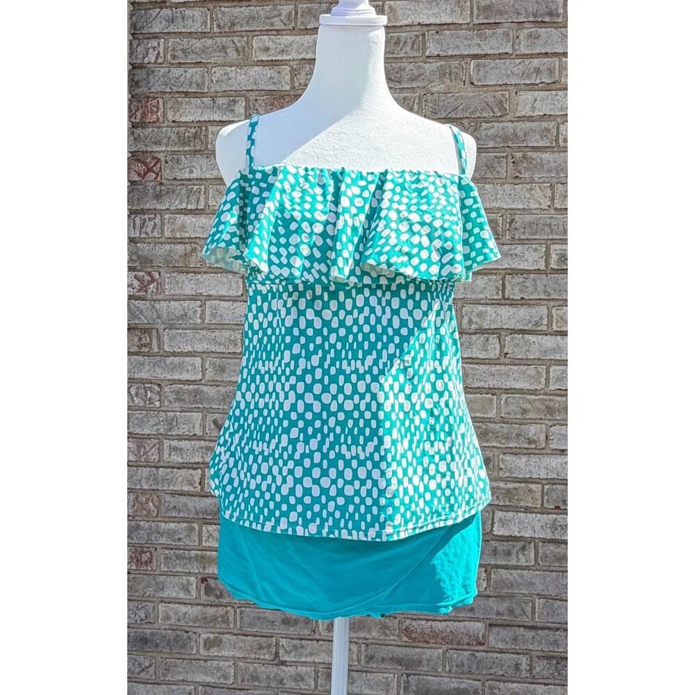Catalina Teal Swim Skirt With Ruffled  Teal & White Tankini Top Women's L 12-14